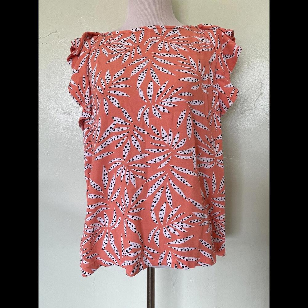 Ann Taylor LOFT Coral Polka Dot Leaf Print Sleeveless Blouse Large L 20-0145